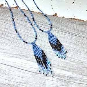 Adjustable Beaded Fringe Necklace in Blue and Black